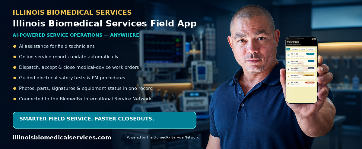 Illinois Biomedical Field — AI-powered field-service mobile app; automatic online service reports, work-order dispatch, and closeout